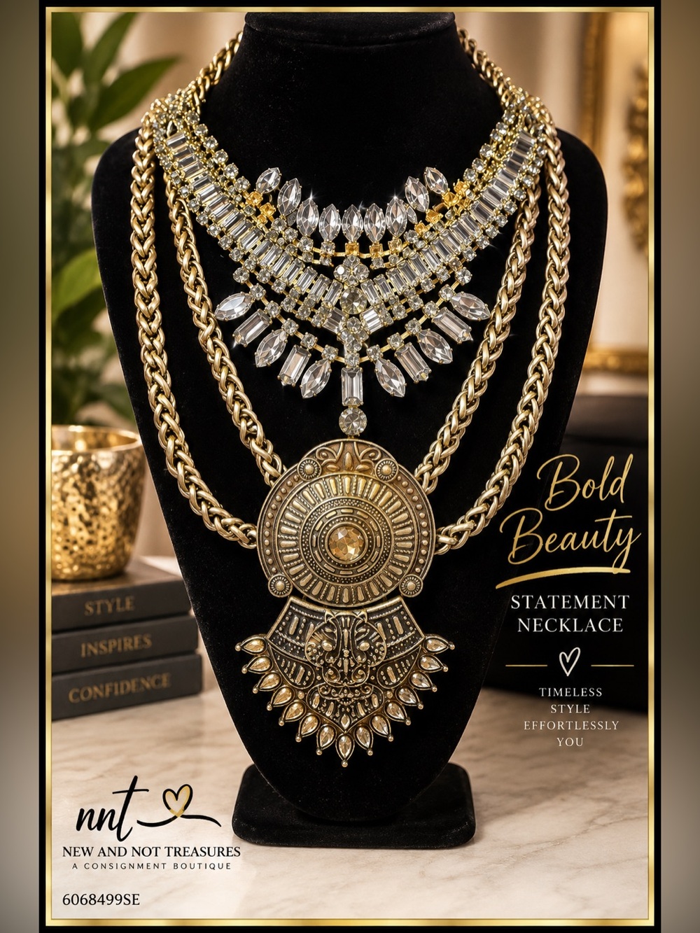 Egyptian Inspired Gold Tone Crystal Statement Bib Necklace Boho Maximalist
